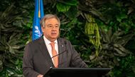 United Nations Secretary-General Antonio Guterres takes part in a joint press conference with New Zealand's prime minister during his visit to Government House in Auckland on May 12, 2019. / AFP / DAVID ROWLAND 