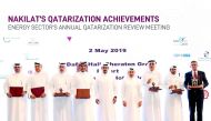 H E Saad bin Sherida Al Kaabi, Minister of State for Energy Affairs and President and CEO of Qatar Petroleum, posing for a group picture with senior officials of Nakilat and its joint ventures that undertake various sustainable initiatives, especially wit