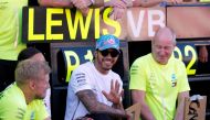 Mercedes' Lewis Hamilton celebrates with his team after victory. (REUTERS/Jon Nazca)