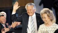 (FILES) In this file photo taken on August 16, 2010, former Australian prime minister Bob Hawke (C) and his wife Blanche d'Alpuget (R) arrive at an Australian Labor Party campaign launch in Brisbane. AFP / William West 