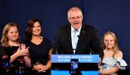 Australia's Prime Minister Scott Morrison with wife Jenny, children Abbey and Lily after winning the 2019 Federal Election, at the Federal Liberal Reception at the Sofitel-Wentworth hotel in Sydney, Australia, May 18, 2019. AAP Image/Dean Lewins/via REUTE