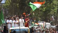 FILE PHOTO: Indian National Congress Party president Rahul Gandhi (C) and Priyanka Gandhi Vadra (centre R) gesture to supporters on Rahul's visit to file his candidacy nomination in Kalpetta town in the Wayanad region of southern Kerala state.  AFP / STR