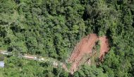 An aerial view shows a landslide caused by a quake in Yurimaguas, in the Amazon region, Peru May 26, 2019. REUTERS/Guadalupe Pardo