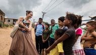 Special envoy for the United Nations High Commissioner for Refugees Angelina Jolie speaks to people in Riohacha, Colombia June 7, 2019. Courtesy of UNHCR/Andrew McConnell