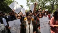 Jagisha Arora, wife of Prashant Kanojia, a journalist who was arrested for allegedly tweeting defamatory content against Uttar Pradesh's Chief Minister Yogi Adityanath, takes part in a protest with media members in New Delhi, India June 10, 2019. Reuters/