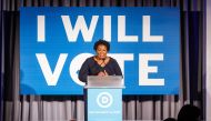 Former minority leader of the Georgia House of Representatives Stacey Abrams speaks to a crowd at a Democratic National Committee event at Flourish in Atlanta on June 6, 2019 in Atlanta, Georgia. The DNC held a gala to raise money for the DNCs IWillVote p
