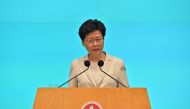 Hong Kong Chief Executive Carrie Lam speaks during a press conference at the government headquarters in Hong Kong on June 18, 2019. AFP / Anthony Wallace 
