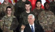 US Vice President Mike Pence delivers a speech at the 1st Airlift Base in Warsaw on February 13, 2019 during a three-day visit of the US Vice President to Poland (AFP/Janek Skarzynski) 