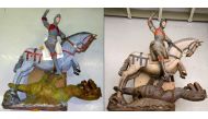 This combination of pictures created on June 24, 2019 of handout pictures show a sculpture of Saint George before and after restoration. AFP / Navarra Government