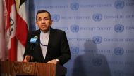 Iran's Ambassador to the United Nations (UN) Majid Takht Ravanchi speaks to the media before a meeting with other UN members on the escalating situation with the United States At United Nation headquarters on June 24, 2019 in New York City. Spencer Platt/