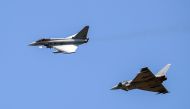 Two Eurofighter Typhoon planes are pictured during a training flight ahead of the F1 Grand Prix of Austria at Red Bull Ring on June 27, 2019 in Spielberg, Austria. AFP / GEORG HOCHMUTH

