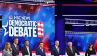 Democratic presidential candidates (L-R) Marianne Williamson, former Colorado governor John Hickenlooper, former tech executive Andrew Yang, South Bend, Indiana Mayor Pete Buttigieg, former Vice President Joe Biden, Sen. Bernie Sanders (I-VT), and Sen. Ka