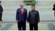 U.S. President Donald Trump meets with North Korean leader Kim Jong Un at the demilitarised zone (DMZ) separating the two Koreas, in Panmunjom, South Korea, in this still image from video taken June 30, 2019. U.S. Network Pool/via REUTERS TV UNITED STATES