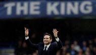 (FILES) In this file photo taken on February 25, 2017, Chelsea and England former football player Frank Lampard gestures to the fans on the pitch at half-time during the English Premier League football match between Chelsea and Swansea at Stamford Bridge 