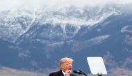 Donald Trump speaks during campaign rally for Matt Rosendale at Bozeman, Yellowstone International Airport in Montana, November 3, 2018. Reuters/Carlos Barria