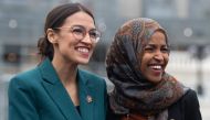 (FILES) In this file photo taken on February 7, 2019 US Representative Alexandria Ocasio-Cortez, Democrat of New York, and US Representative Ilhan Omar (R), Democrat of Minnesota, attend a press conference calling on Congress to cut funding for US Immigra