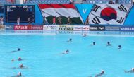 This handout photo taken and released by the FINA Organising Committee via Yonhap shows a general view of the women's water polo match between South Korea and Hungary at the 2019 World Championships in Gwangju on July 14, 2019. AFP PHOTO / FINA Organising