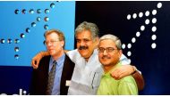 Rahul Bhatia (centre) and Rakesh Gangwal (right) with then IndiGo CEO Bruce Ashby in this 2006 file photo. Reuters