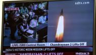 A television grab shows the launch of Chandrayaan - Moon Chariot 2 at the Satish Dhawan Space Centre in Sriharikota, an island off the coast of southern Andhra Pradesh state on July 22, 2019. (AFP / Prakash SINGH)
