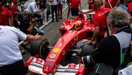 Mick Schumacher, son of former F1 champion, steers his father's championship winning Ferrari F2004 during a demonstration ahead of the German Formula One Grand Prix at the Hockenheim racing circuit on July 27, 2019 in Hockenheim, southern Germany. (AFP / 