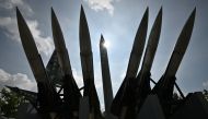 A replica of a North Korean Scud-B missile (C) and South Korean Hawk surface-to-air missiles are displayed at the Korean War Memorial in Seoul on August 2, 2019. North Korea has fired unidentified short-range projectiles, the South Korean news agency Yonh