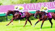 King’s Advice, ridden by Joe Fanning, on his way to win the  a brave performance to win the one mile, six-furlong, £100,000 Qatar Summer Handicap on the final day of the 2019 Qatar Goodwood Festival, yesterday.