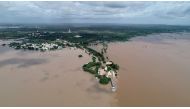 An aerial view of the Kudala Sangama, an important centre of pilgrimage for the Lingayat community, submerged in floodwaters in Bagalkot district in Karnataka about 460 kms of the South Indian city of Bangalore on August 10, 2019. AFP