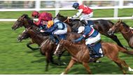 Oisin Murphy (top left) riding Kick On  to win The Tattersalls Sovereign Stakes at Salisbury Racecourse in Salisbury, England, on Thursday.