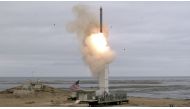This US Department of Defense (DOD) handout photo shows on August 18, at 2:30 p.m. Pacific Daylight Time, when the Defense Department conducted a flight test of a conventionally configured ground-launched cruise missile at San Nicolas Island, California. 