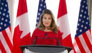 Canadian Foreign Minister Chrystia Freeland speaks during a joint press conference with US Secretary of State Mike Pompeo (off frame) at the National Arts Center, on August 22, 2019, in Ottawa. (AFP / Sebastien ST-JEAN)