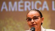 Brazil's former Environment Minister (2003-2008), Marina Silva, speaks during a conference at a university in Bogota on August 22, 2019.  AFP / Juan Barreto 