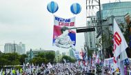 Supporters of South Korea's former president Park Geun-hye attend a protest demanding her release from prison, outside the Supreme Court in Seoul on August 29, 2019. South Korea's top court on August 29 set aside former president Park Geun-hye's convictio