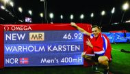 Norway's Karsten Warholm celebrates winning the 400m Hurdles Men after setting a new Meet Record Reuters/Arnd Wiegmann 