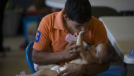 A man from Honduras feeds his daughter as they relax at the El Calvario Methodist Church which is housing migrants who are seeking asylum in Las Cruces, New Mexico. Joe Raedle/Getty Images/AFP
