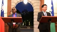 Taiwan's Foreign Minister Joseph Wu (R) takes part in a press conference with Solomon Islands' Foreign Minister Jeremiah Manele (L) at the Taipei Guest House in Taipei on September 09, 2019 . AFP / Sam Yeh 