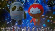 The mascots for the Beijing 2022 Winter Olympic, 'Bing Dwen Dwen' (L), and Paralympic Games, 'Shuey Rhon Rhon' (R), are projected to a screen on the stage during the official reveal of the mascots at Shougang Ice Hockey Arena, Shougang Park, Shijingshan D