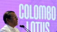 Sri Lanka's President Maithripala Sirisena delivers a speech during the opening of the Lotus Tower in Colombo on September 16, 2019.  AFP / LAKRUWAN WANNIARACHCHI