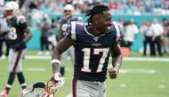New England Patriots wide receiver Antonio Brown (17) celebrates in the fourth quarter against the Miami Dolphins at Hard Rock Stadium. Credit: Kirby Lee-USA TODAY Sports