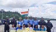 Indian Coast Guard with Myanmarese ship's crew after seizing 1160 kg of Ketamine drug from their boat near Car Nicobar islands on September 19, 2019. AFP / Indian Ministry of Defence handout