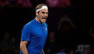 Team Europe's player Roger Federer celebrates after winning his match during the 2019 Laver Cup tennis tournament in Geneva, on September 22, 2019. AFP / Romain Lafabregue
