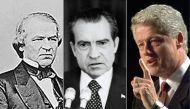(COMBO) This combination of pictures created on September 25, 2019 shows(L-R) a circa 1860-1865 photo of former US President Andrew Johnson as photographed by Civil War photographer Mathew Brady,former US President Richard Nixon in 1973, and former US Pre