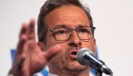 Leader of the Bloc Quebecois Yves-Francois Blanchet gestures as he addresses the press after the French debate for the 2019 federal election, the 