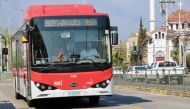 Commuters take the new Line 3 electric bus in Santiago, Chile, on September 17, 2019. Thomson Reuters Foundation/John Bartlett