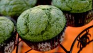 Green is a strange color for banana muffins. Can you guess the secret ingredient in these Frankenmuffins?. Washington Post photo by Toni L. Sandys