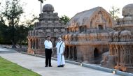 China's President Xi Jinping shakes hands with India's Prime Minister Narendra Modi during their visit to the Pancha Rathas complex in Mamallapuram on the outskirts of Chennai, India, October 11, 2019. (India's Press Information Bureau/Handout via REUTERS