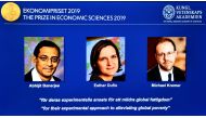  The portraits of Abhijit Banerjee, Esther Duflo, and Michael Kreme, who have been announced the Nobel Prize in Economic Sciences 2019 winners, are seen at a news conference at the Royal Swedish Academy of Sciences in Stockholm, Sweden, October 14, 2019. 