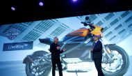 Harley-Davidson VP Marc McAllister talks about LiveWire electric motorcycle with Panasonic Corporation of North America chairman-CEO Tom Gebhardt during a news conference at the 2019 Consumer Electronics Show (CES) in Las Vegas,  January 7, 2019. Reuters/