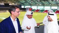 H E Sheikh Fahad bin Nasser Sabah Ahmad Al Sabah, President of the Kuwait Olympic Committee (right), speaking to Aspire Zone Foundation officials during his visit.