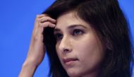 IMF Chief Economist and Director of the Research Department Gita Gopinath speaks during a IMF and World Bank Fall Meetings on October 15, 2019 in Washington. AFP / Olivier Douliery 
 