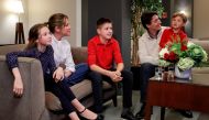 Liberal leader and Canadian Prime Minister Justin Trudeau and his wife Sophie Gregoire Trudeau, sons Xavier and Hadrien, and daughter Ella-Grace watch a television broadcast of the initial results from the federal election, in Montreal, Canada, October 21